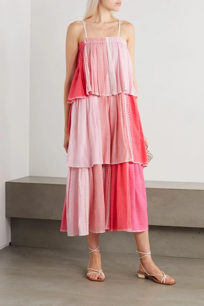Shop Lemlem Eshal Tiered Embroidered Cotton-blend Gauze Maxi Dress In Pink