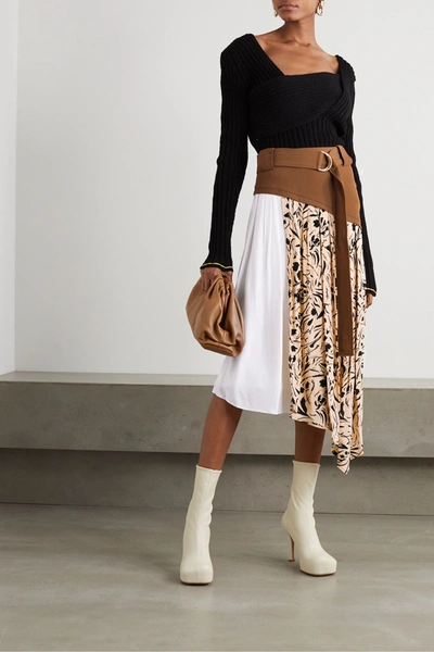 Shop Proenza Schouler Belted Asymmetric Paneled Crepe Midi Skirt In Brown