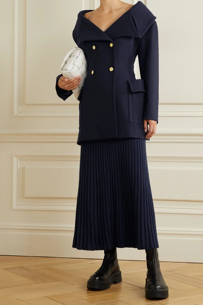 Shop Valentino Off-the-shoulder Double-breasted Wool-twill Coat In Midnight Blue