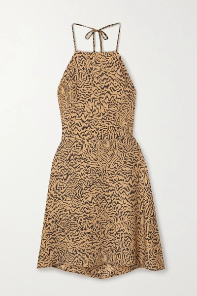 Shop Hvn Reece Tiger-print Silk Crepe De Chine Halterneck Mini Dress In Sand