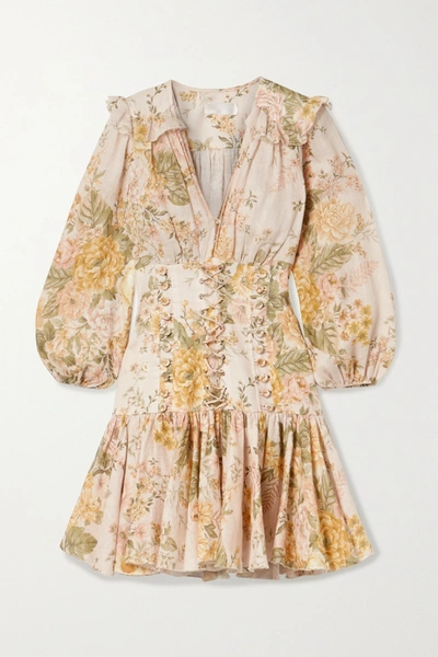 Shop Zimmermann Amelie Lace-up Ruffled Floral-print Linen Mini Dress In Peach