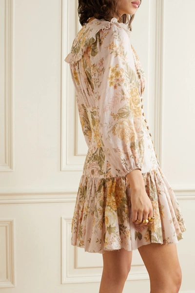 Shop Zimmermann Amelie Lace-up Ruffled Floral-print Linen Mini Dress In Peach