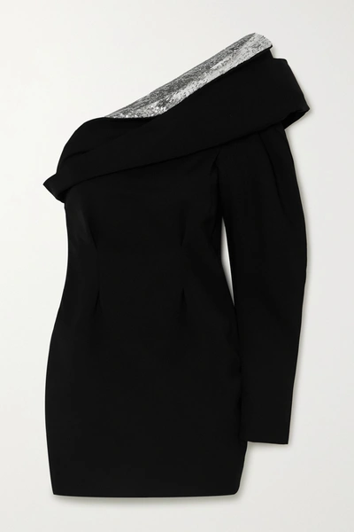 Shop Isabel Marant Lidia One-shoulder Draped Sequin-embellished Wool Mini Dress In Black