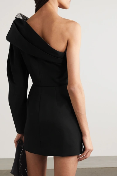 Shop Isabel Marant Lidia One-shoulder Draped Sequin-embellished Wool Mini Dress In Black
