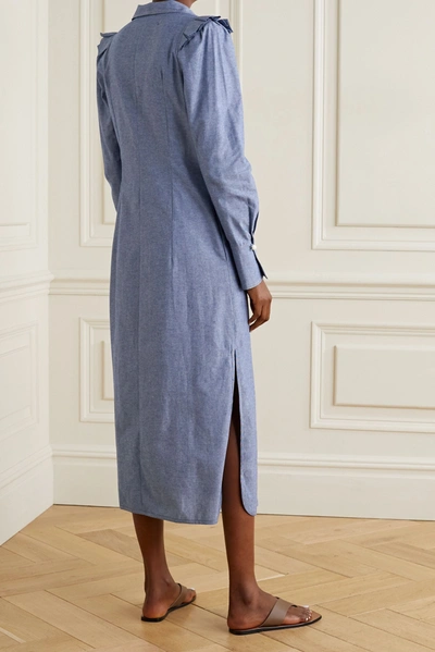 Shop Anna Mason Agnes Ruffled Cotton-chambray Shirt Dress In Blue
