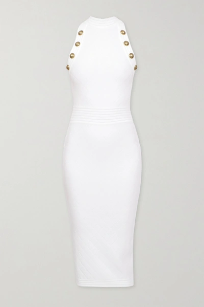 Shop Balmain Button-embellished Pointelle-knit Midi Dress In White