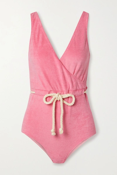 Shop Lisa Marie Fernandez Yasmin Belted Wrap-effect Cotton-blend Terry Swimsuit In Baby Pink