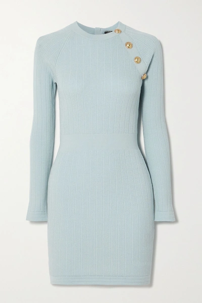 Shop Balmain Button-embellished Ribbed-knit Mini Dress In Blue