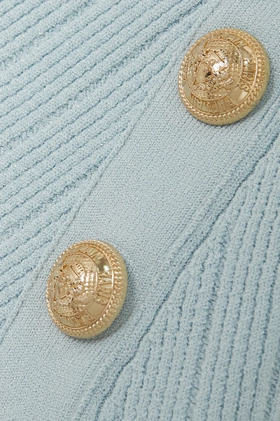 Shop Balmain Button-embellished Ribbed-knit Mini Dress In Blue
