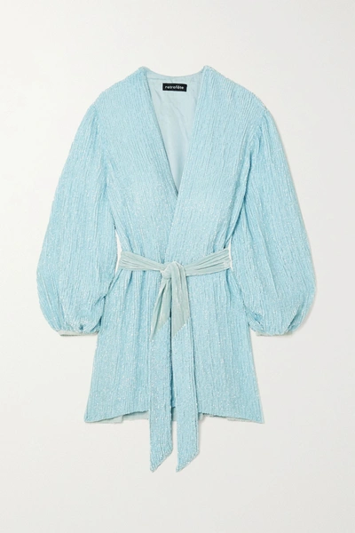 Shop Retroféte Gabrielle Velvet-trimmed Sequined Chiffon Wrap Mini Dress In Light Blue
