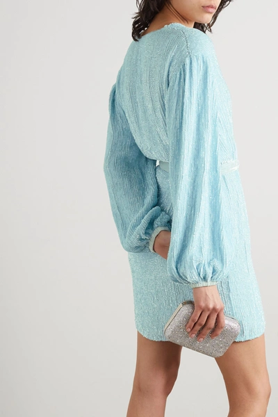 Shop Retroféte Gabrielle Velvet-trimmed Sequined Chiffon Wrap Mini Dress In Light Blue