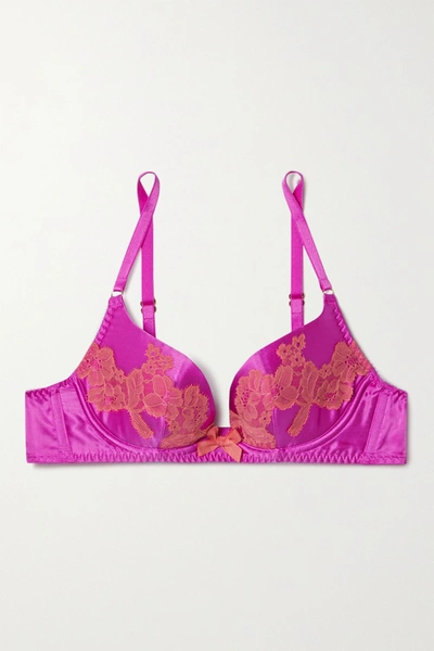 Shop Agent Provocateur Cailine Lace-trimmed Stretch-silk Satin Underwired Bra In Violet