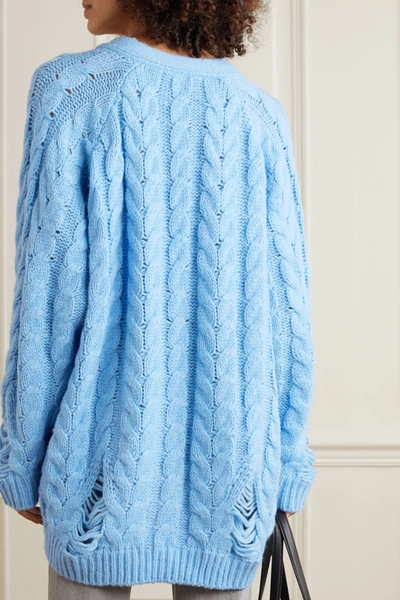 Shop Stella Mccartney Distressed Cable-knit Alpaca-blend Cardigan In Light Blue