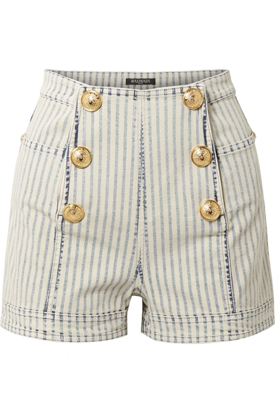 Shop Balmain Button-embellished Striped Denim Shorts In Light Blue