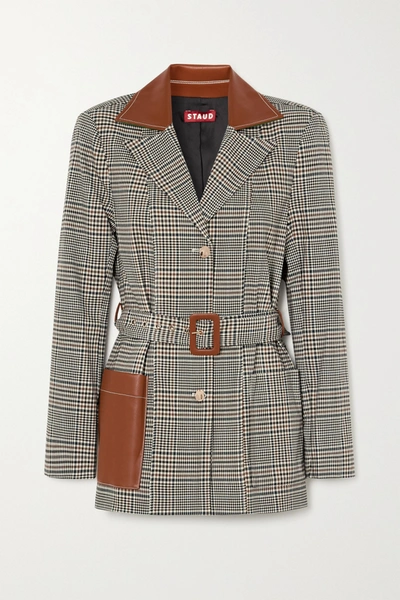 Shop Staud Paprika Belted Faux Leather-trimmed Prince Of Wales Checked Woven Blazer In Gray