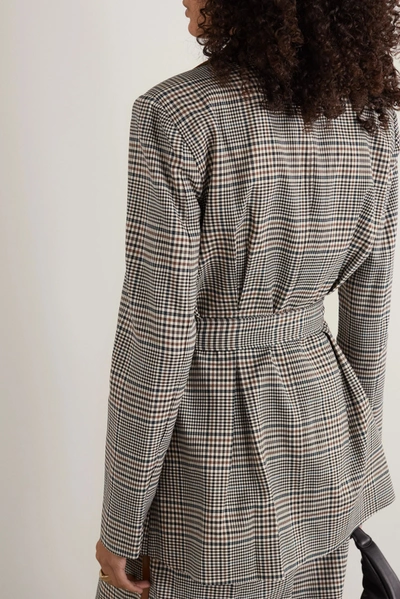 Shop Staud Paprika Belted Faux Leather-trimmed Prince Of Wales Checked Woven Blazer In Gray