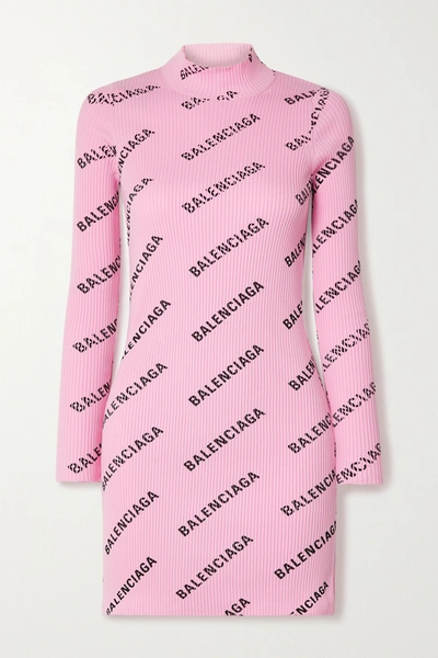 Shop Balenciaga Printed Ribbed-knit Mini Dress In Pink