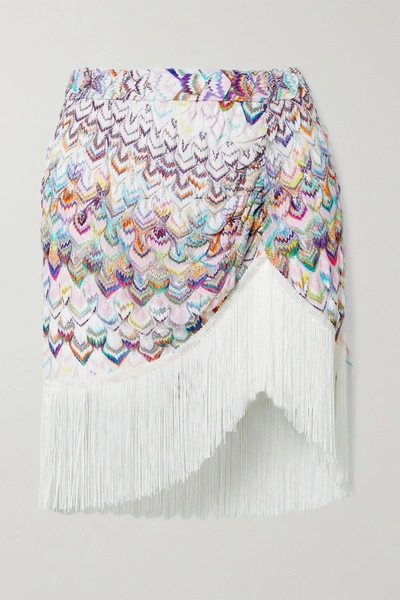 Shop Missoni Fringed Ruched Metallic Crochet-knit Mini Skirt In White
