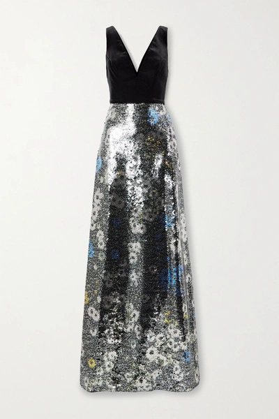 Shop Monique Lhuillier Floral-print Sequined Tulle And Velvet Gown In Black