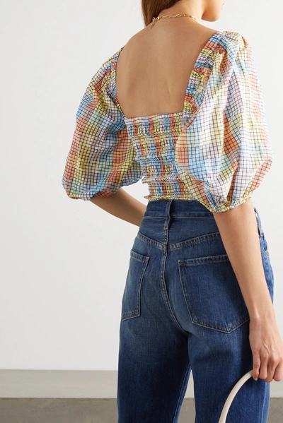 Shop Ganni Shirred Checked Cotton-blend Seersucker Top In Light Blue