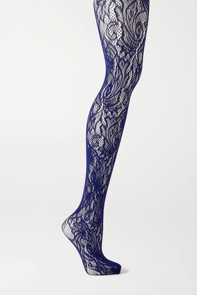 Shop Dries Van Noten Floral Stretch-lace Tights In Blue