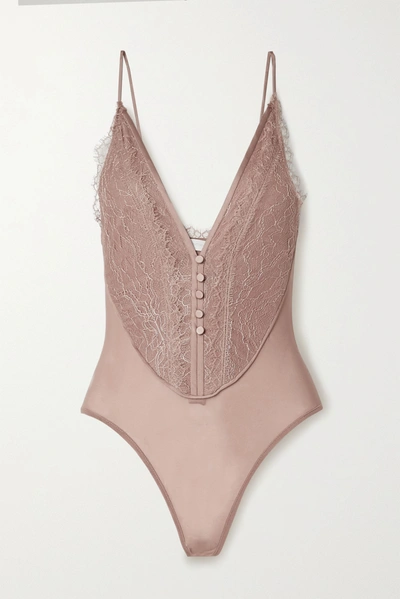 Shop Jonathan Simkhai Gemma Satin-trimmed Stretch-mesh And Lace Thong Bodysuit In Light Brown