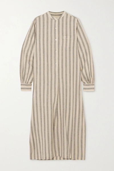 Shop Nili Lotan Malia Striped Cotton And Linen-blend Midi Shirt Dress In Cream