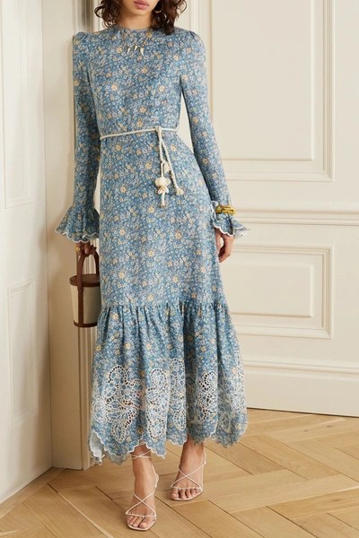 Shop Zimmermann Carnaby Belted Broderie Anglaise-trimmed Floral-print Linen Midi Dress In Light Blue