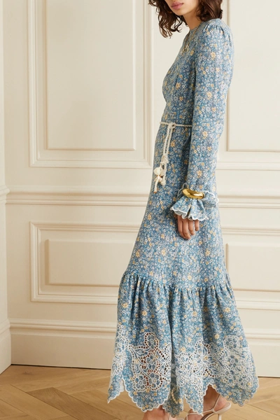 Shop Zimmermann Carnaby Belted Broderie Anglaise-trimmed Floral-print Linen Midi Dress In Light Blue