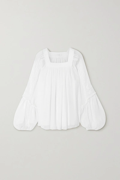 Shop Chloé Embroidered Pleated Silk-crepon Blouse In White