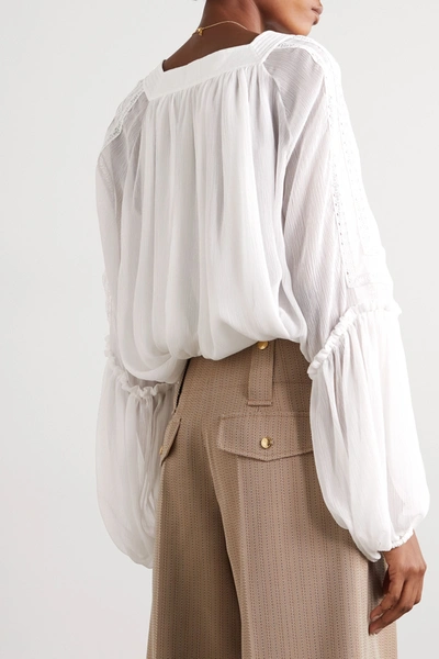 Shop Chloé Embroidered Pleated Silk-crepon Blouse In White