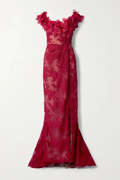 Shop Marchesa Organza And Corded Lace Gown In Red