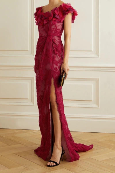 Shop Marchesa Organza And Corded Lace Gown In Red