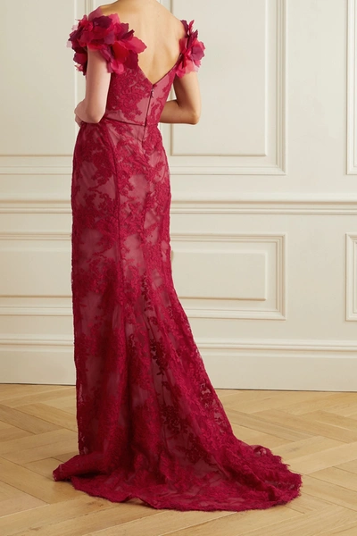 Shop Marchesa Organza And Corded Lace Gown In Red