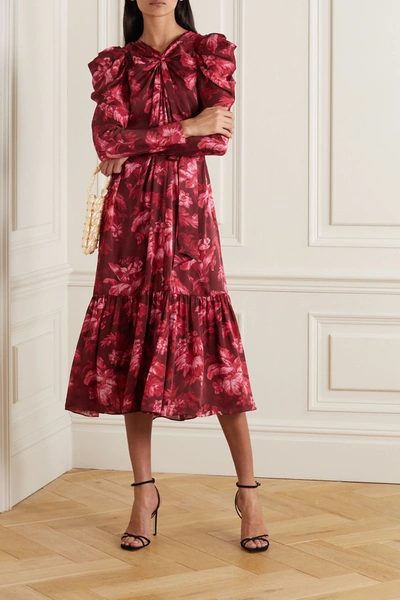 Shop Zimmermann Ladybeetle Gathered Floral-print Silk-chiffon Midi Dress In Burgundy