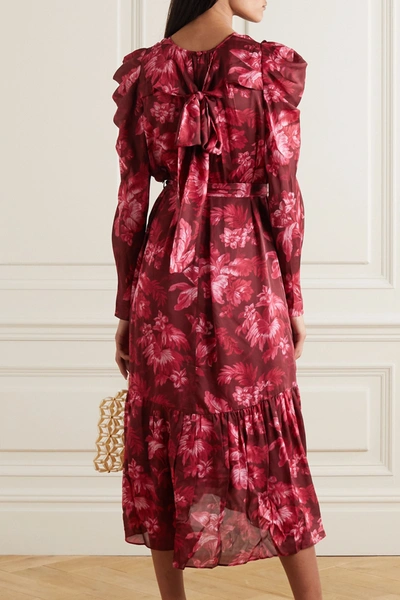 Shop Zimmermann Ladybeetle Gathered Floral-print Silk-chiffon Midi Dress In Burgundy