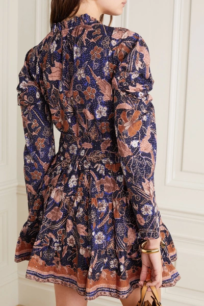 Shop Ulla Johnson Naima Belted Ruffled Floral-print Cotton-poplin Mini Dress In Midnight Blue