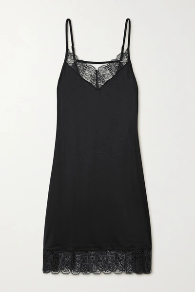 Shop Hanro Wanda Lace-trimmed Modal And Silk-blend Chemise In Black