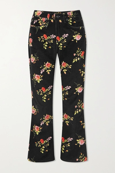 Shop R13 Kick Fit Cropped Floral-print High-rise Flared Jeans In Black