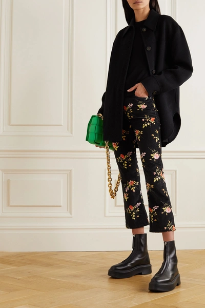 Shop R13 Kick Fit Cropped Floral-print High-rise Flared Jeans In Black