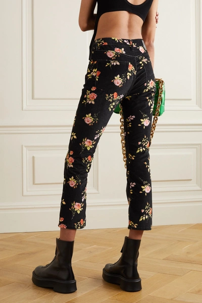 Shop R13 Kick Fit Cropped Floral-print High-rise Flared Jeans In Black