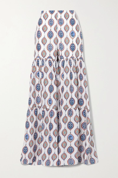 Shop Chloé Tiered Printed Silk-habotai Flared Pants In Blue