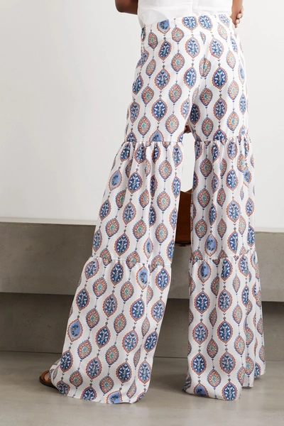 Shop Chloé Tiered Printed Silk-habotai Flared Pants In Blue