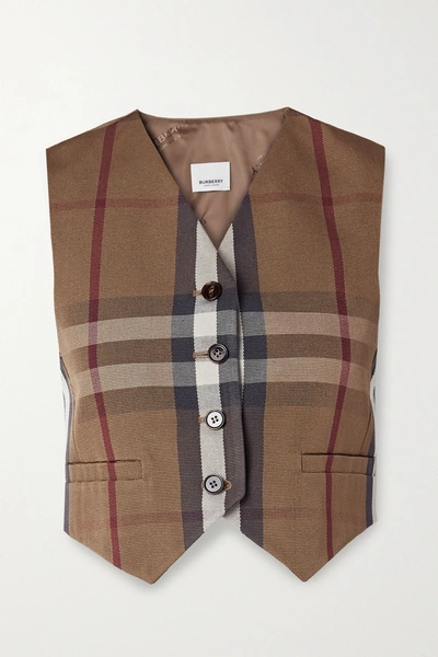 Shop Burberry Cropped Checked Canvas And Satin-jacquard Vest In Brown