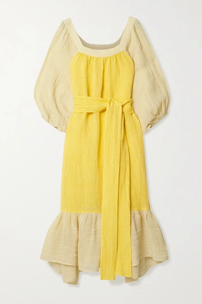 Shop Lisa Marie Fernandez Laure Belted Linen-blend Gauze Midi Dress In Yellow