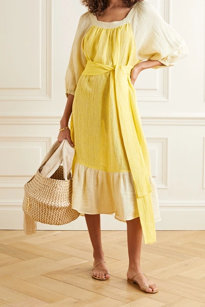 Shop Lisa Marie Fernandez Laure Belted Linen-blend Gauze Midi Dress In Yellow