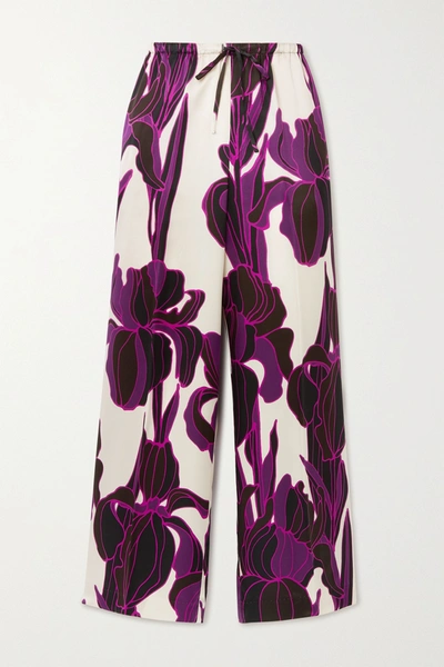 Shop Dries Van Noten Floral-print Silk Wide-leg Pants In Purple