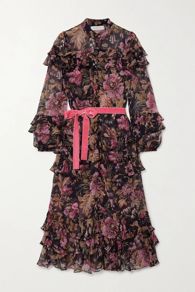 Shop Zimmermann Lucky Belted Ruffled Tiered Floral-print Silk-chiffon Midi Dress In Pink