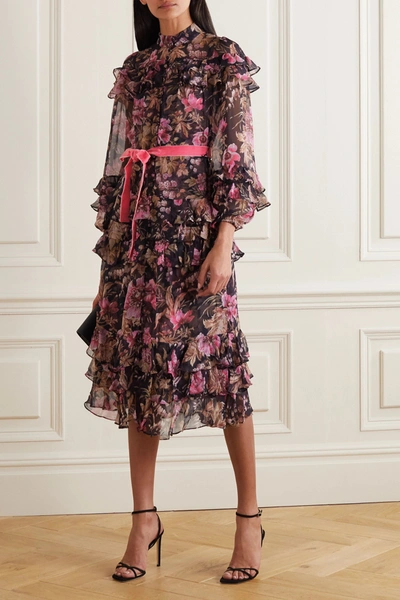 Shop Zimmermann Lucky Belted Ruffled Tiered Floral-print Silk-chiffon Midi Dress In Pink