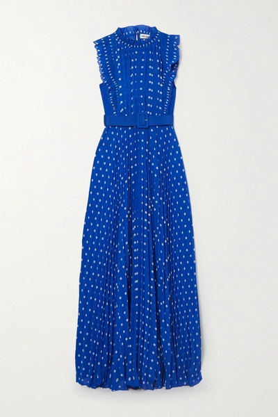 Shop Self-portrait Belted Pleated Polka-dot Chiffon Maxi Dress In Blue